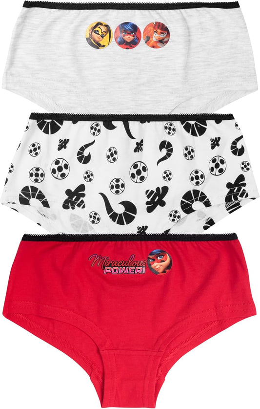 Miraculous Ladybug Panty für Mädchen - Kinder Unterhose Slip Unterwäsche Rot/Weiß/Grau (3er Pack)