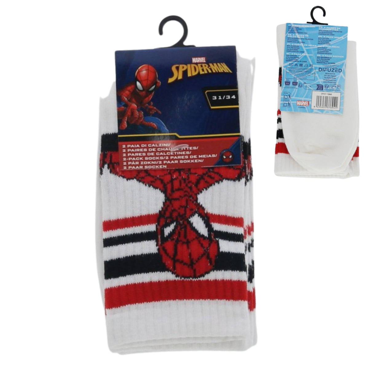 Spiderman Socken Kinder 2er Set Weiß Baumwollsocken Jungen Freizeit Sport Schule