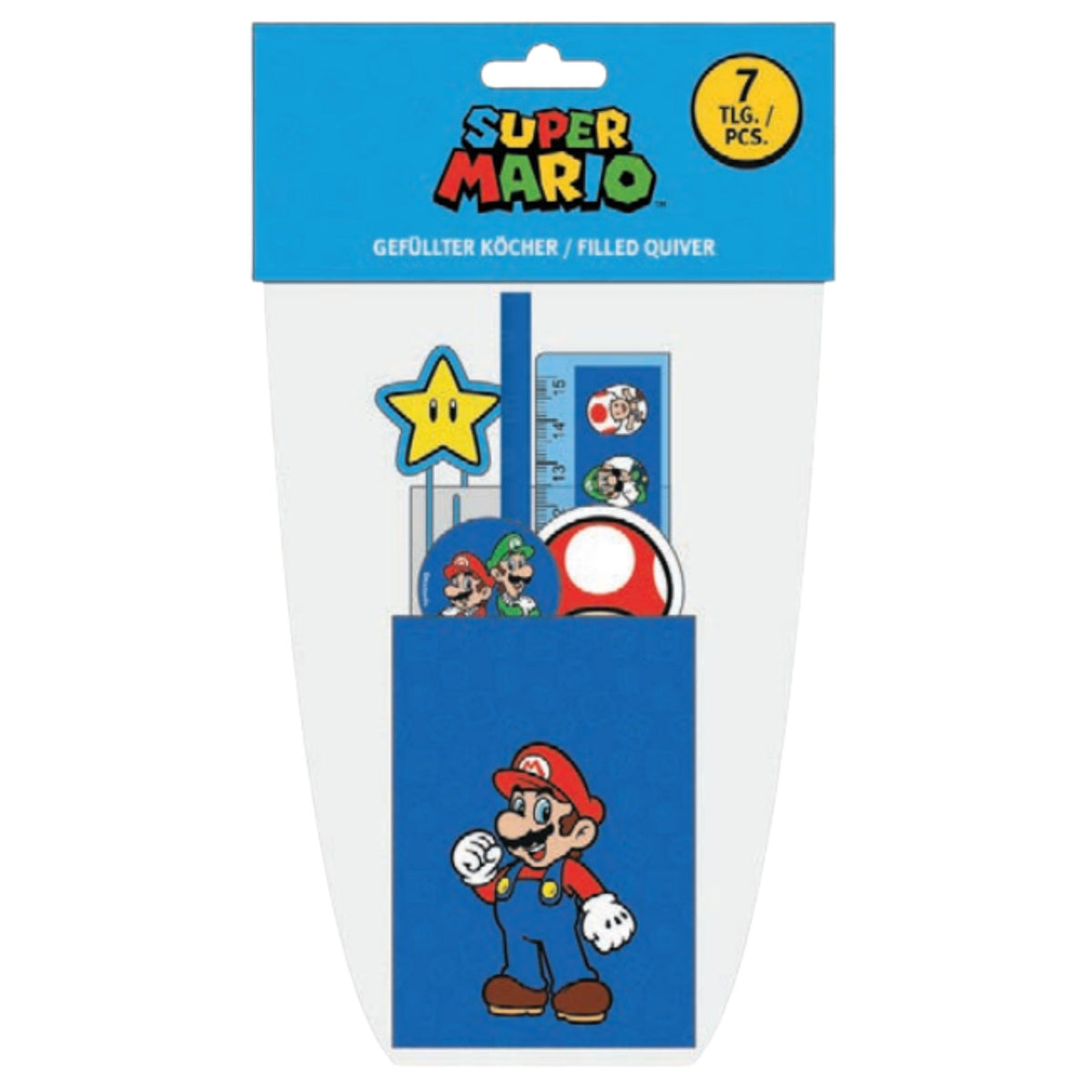Super Mario Stiftehalter Kinder 7 teilig gefüllt für Schule Lernen und Freizeit
