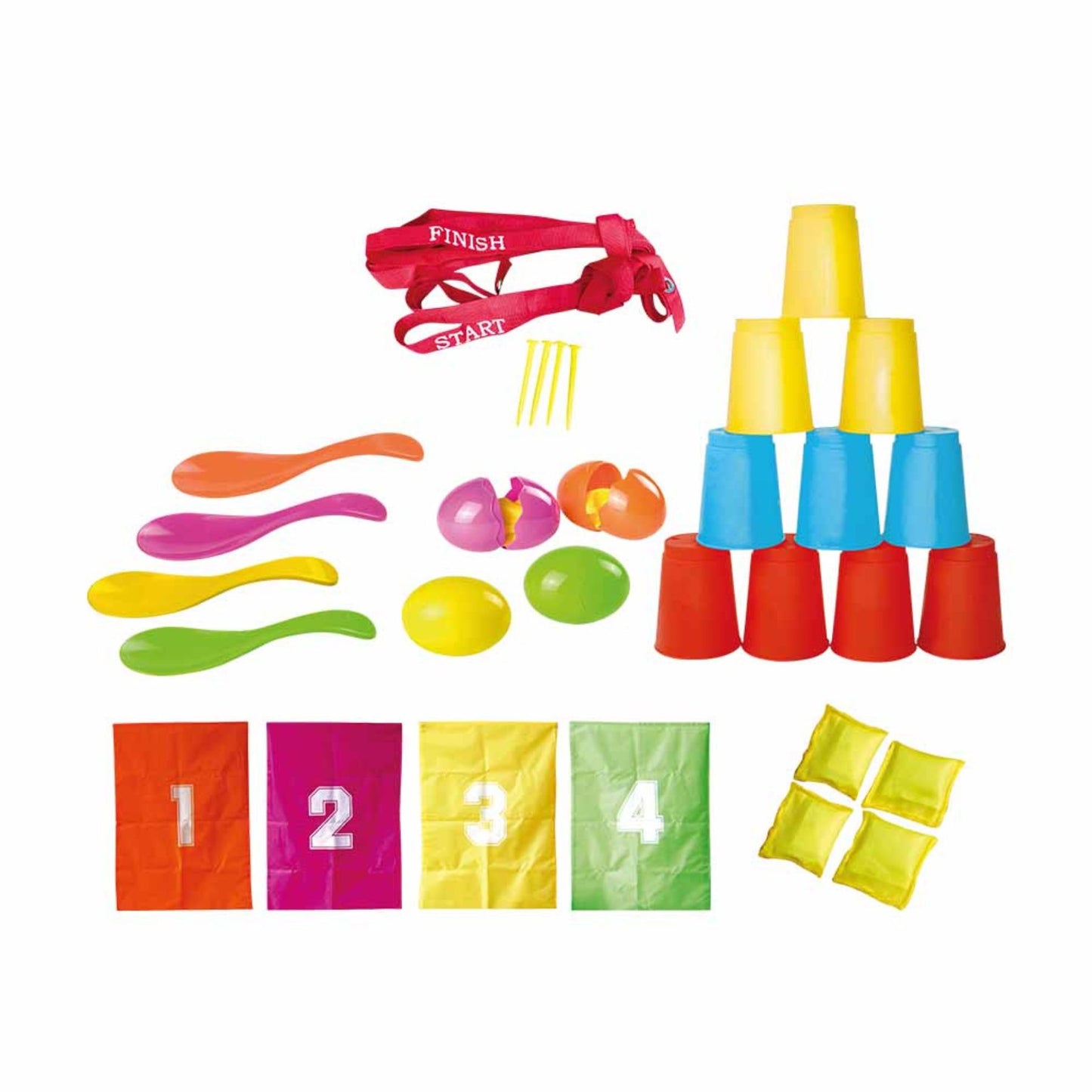 Partyset Kinder Outdoor Spiele 32-teilig mit Sackhüpfen Eierlaufen und Dosenwerfen