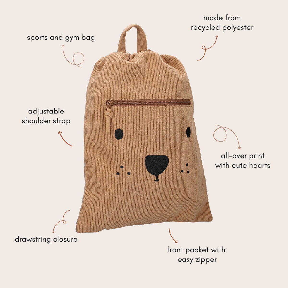 Kidzroom Sportbeutel „Beary Excited“ – Cord-Turnbeutel mit praktischem Kordelverschluss