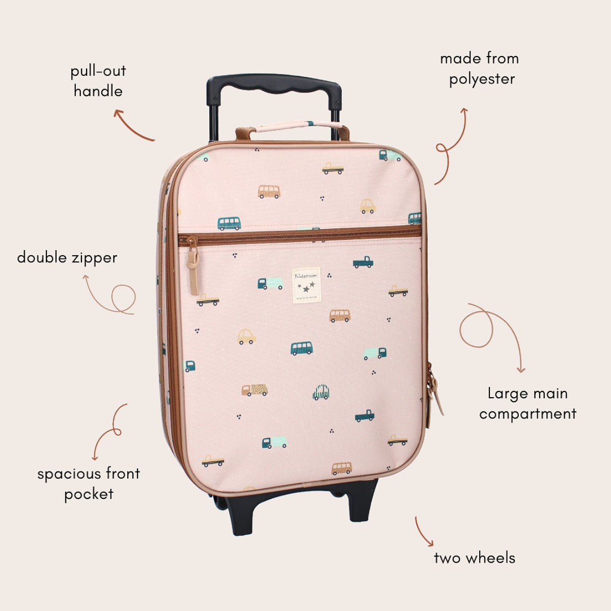 Kidzroom Kinderkoffer mit Rollen – Reisetrolley Auto-Design & Hauptfach
