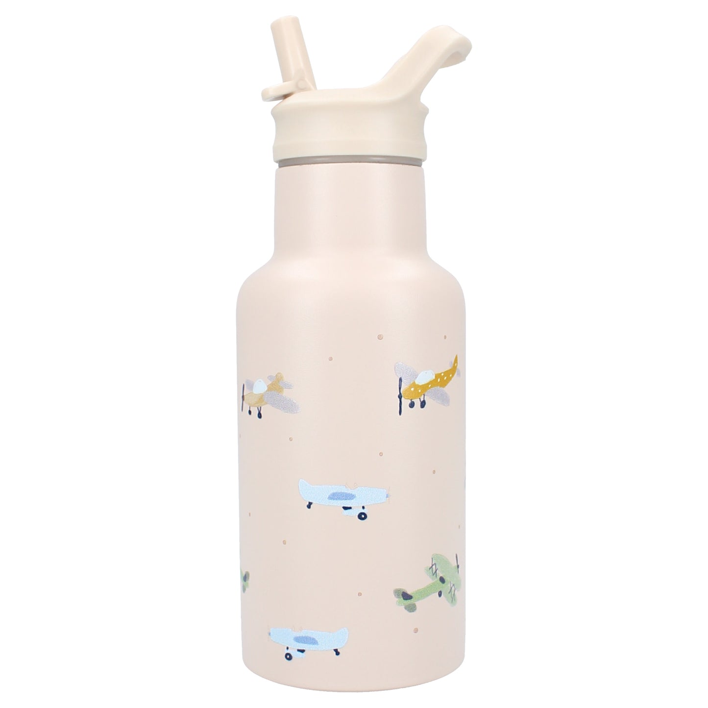 Kidzroom Wasserflasche Trinkflasche 350 ml für Kinder aus Edelstahl mit Strohhalm & Flugzeug-Design