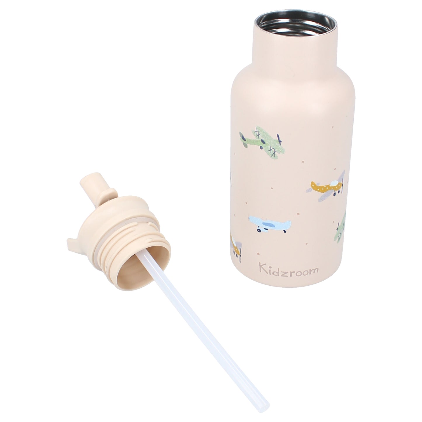 Kidzroom Wasserflasche Trinkflasche 350 ml für Kinder aus Edelstahl mit Strohhalm & Flugzeug-Design