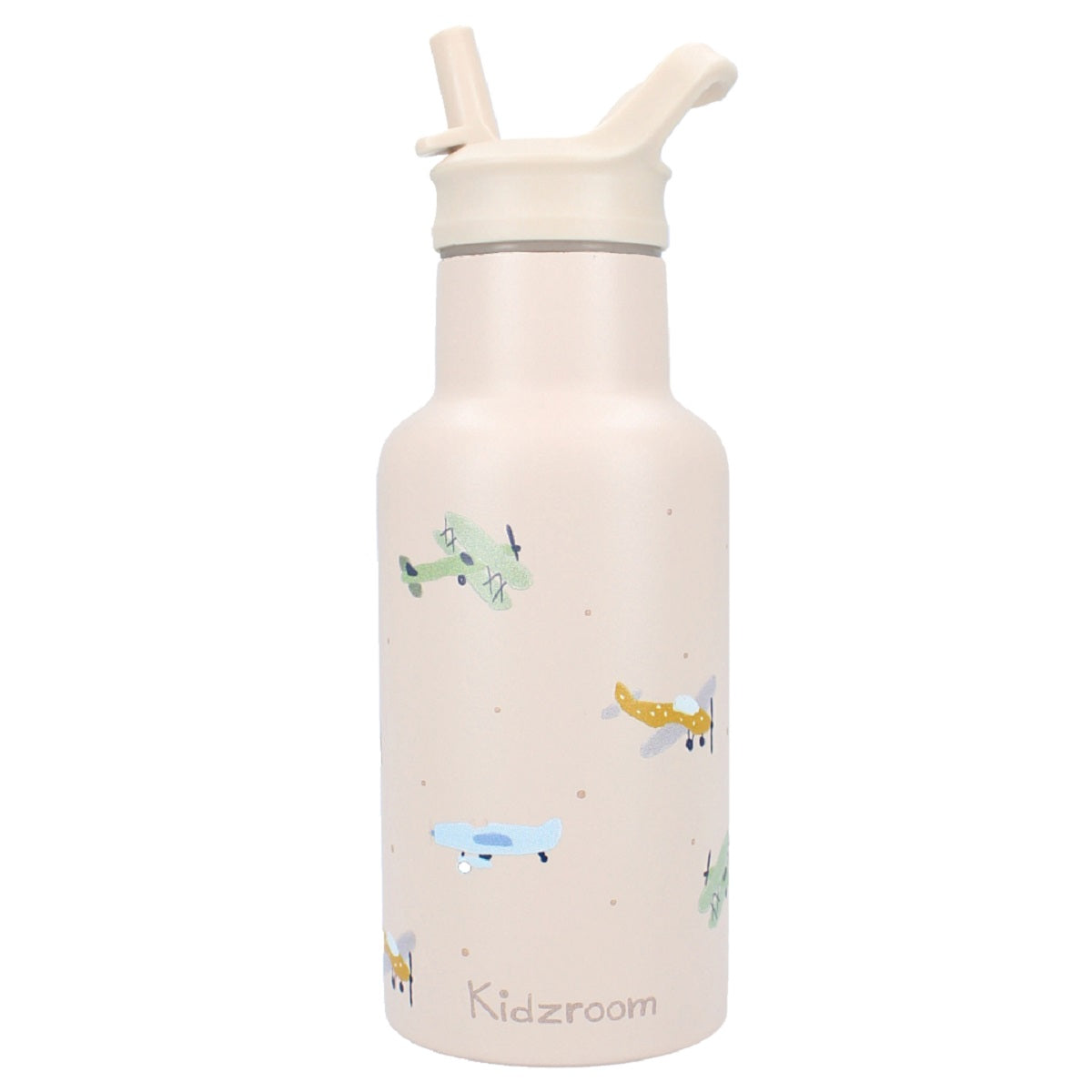 Kidzroom Wasserflasche Trinkflasche 350 ml für Kinder aus Edelstahl mit Strohhalm & Flugzeug-Design