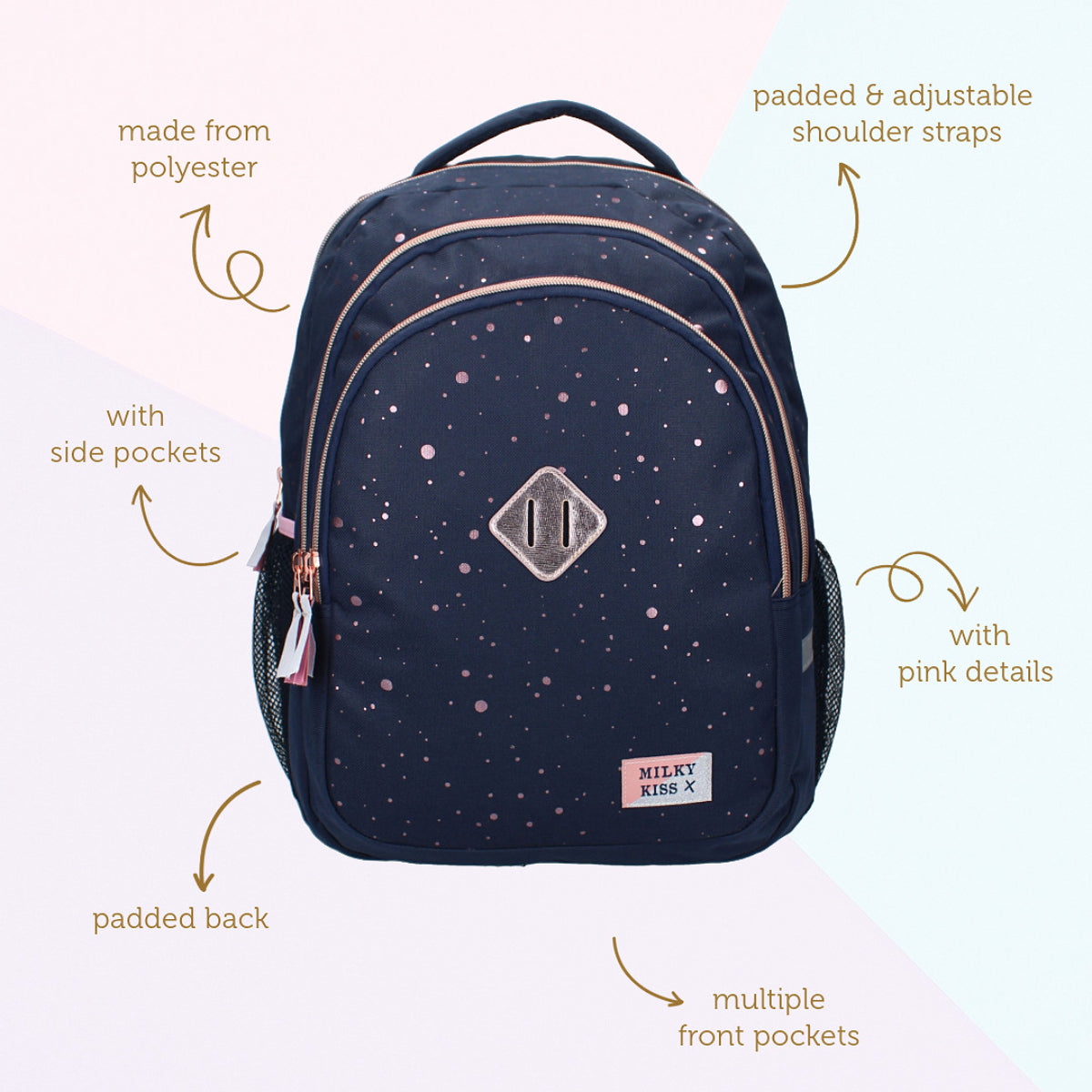 Milky Kiss Rucksack – gepolstert, 3 Fächer, rosa Punkte