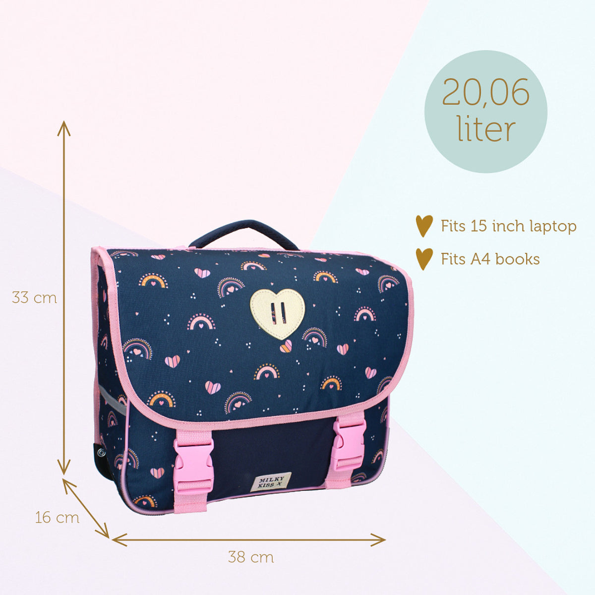 Milky Kiss Rucksack – Blau mit Regenbögen und Griff Schultasche