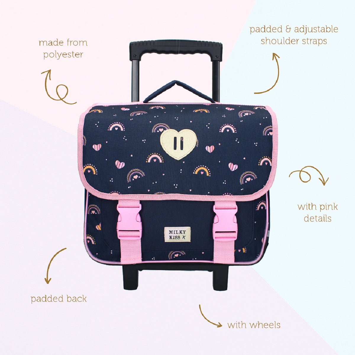 Milky Kiss Rucksack Herz mit Regenbögen und Griff Schultasche