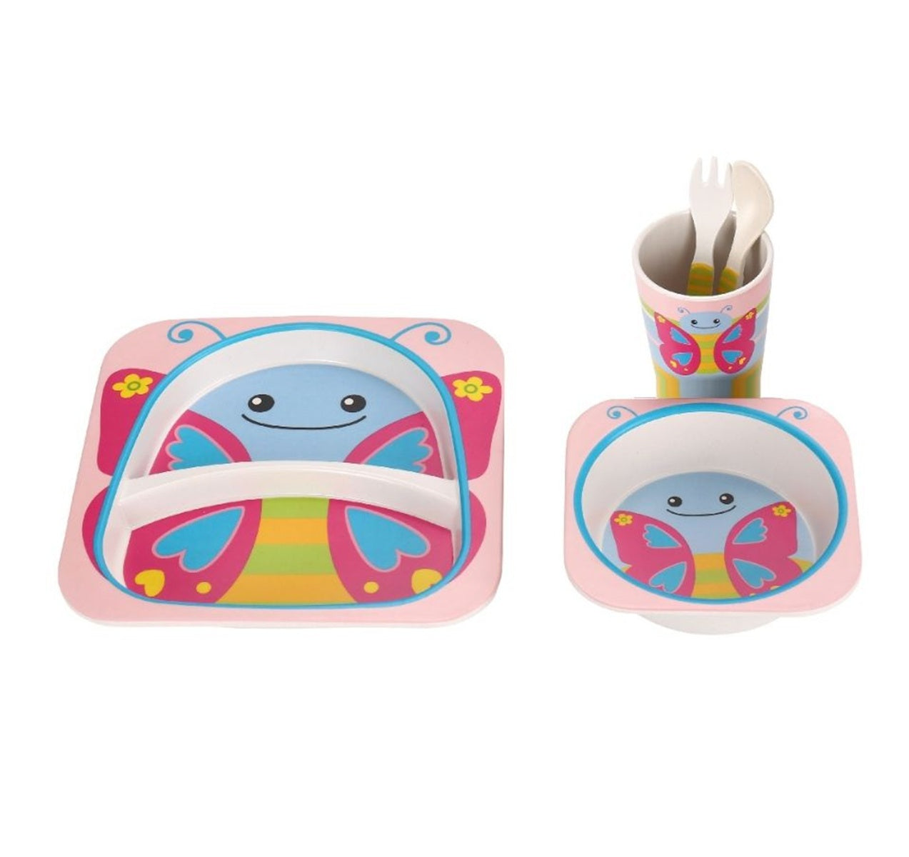 Kindergeschirrset 5-tlg. aus Bambus in Schmetterlingsdesign - robust & bunt