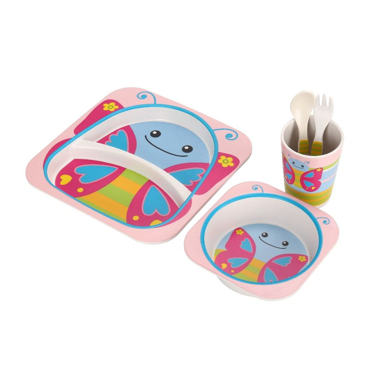 Kindergeschirrset 5-tlg. aus Bambus in Schmetterlingsdesign - robust & bunt