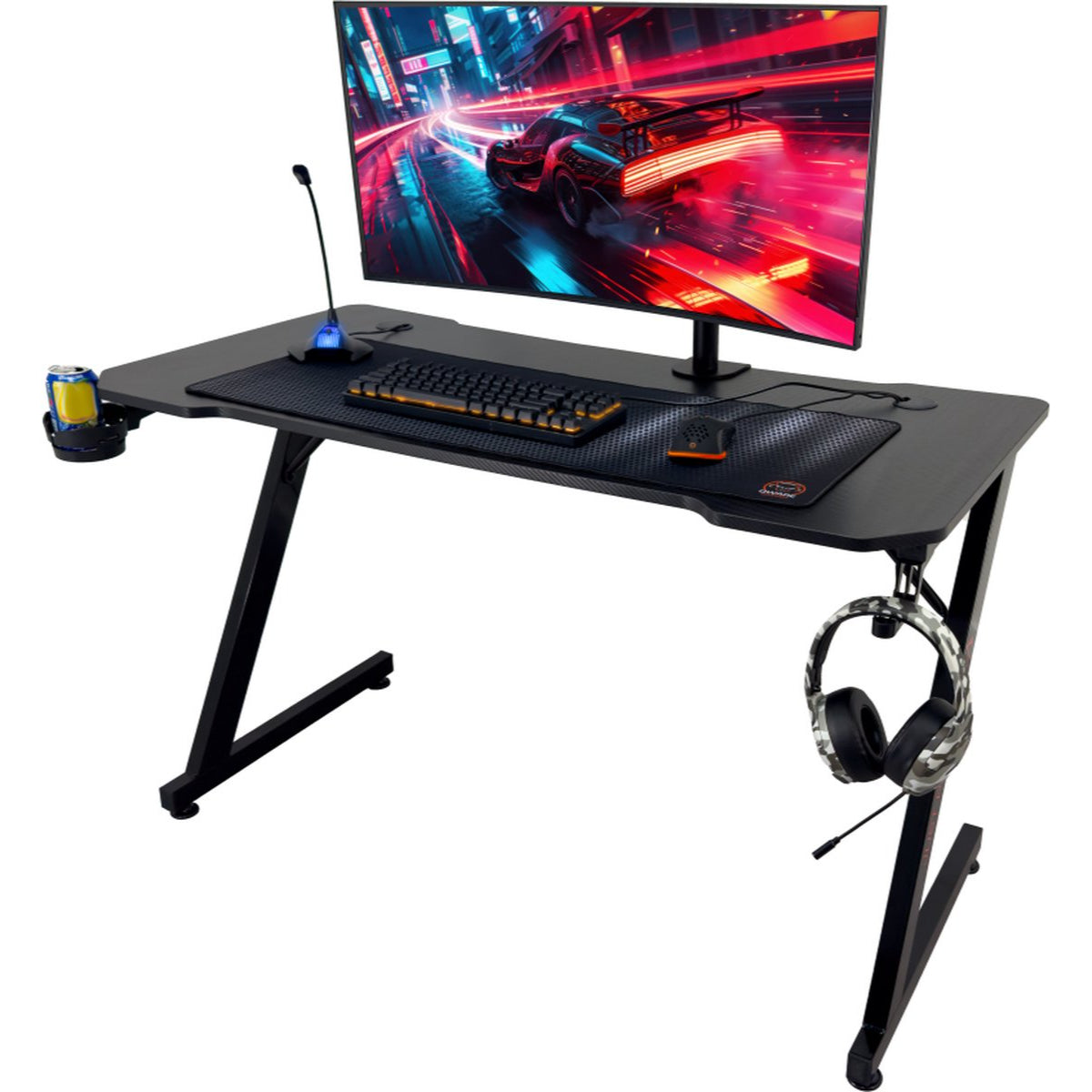 Qware Gaming Tisch – (120 × 60 cm) Schreibtisch für Gamer mit Zubehörhalterung