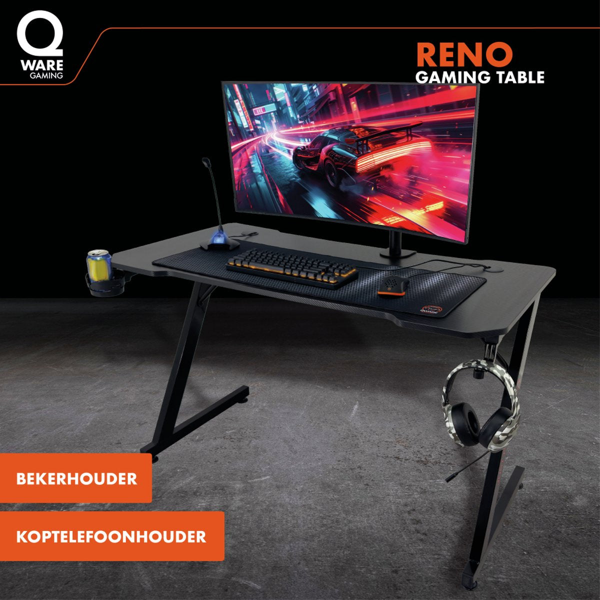 Qware Gaming Tisch – (120 × 60 cm) Schreibtisch für Gamer mit Zubehörhalterung