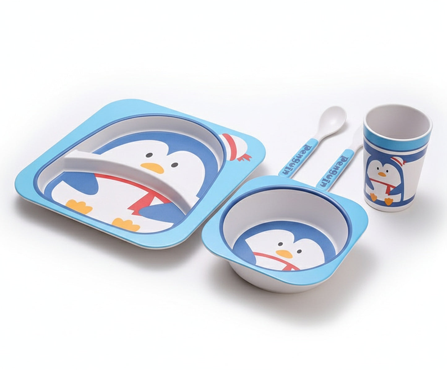 Kindergeschirrset 5-tlg. aus Bambus in Pinguinmotiv - robust & bunt