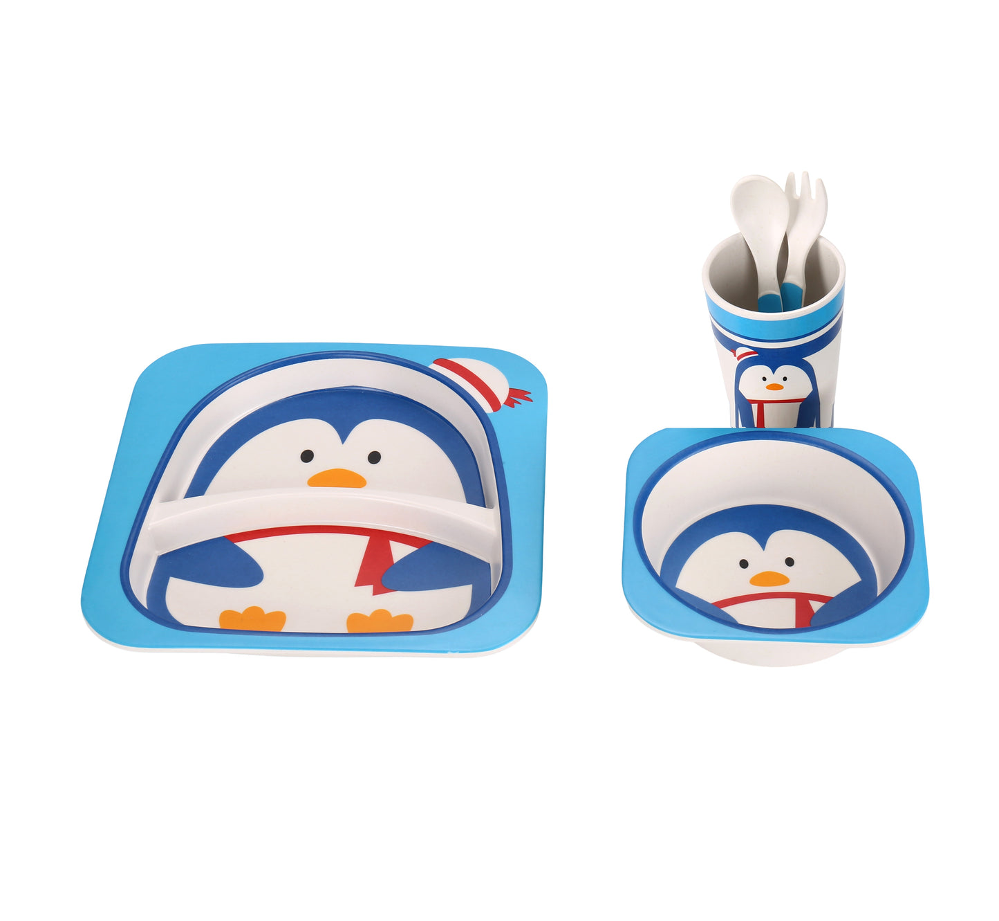 Kindergeschirrset 5-tlg. aus Bambus in Pinguinmotiv - robust & bunt
