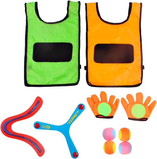 2er-Pack Selbstklebende Handschuhe, Zielweste und Wurfbälle mit Zwei Bumerang-Fliegeringen - Innen- und Außen -Spiel für Kinder und Erwachsene