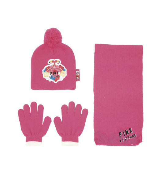 Mütze mit Pompon und passenden Handschuhen mit Schal in Pink für Mädchen
