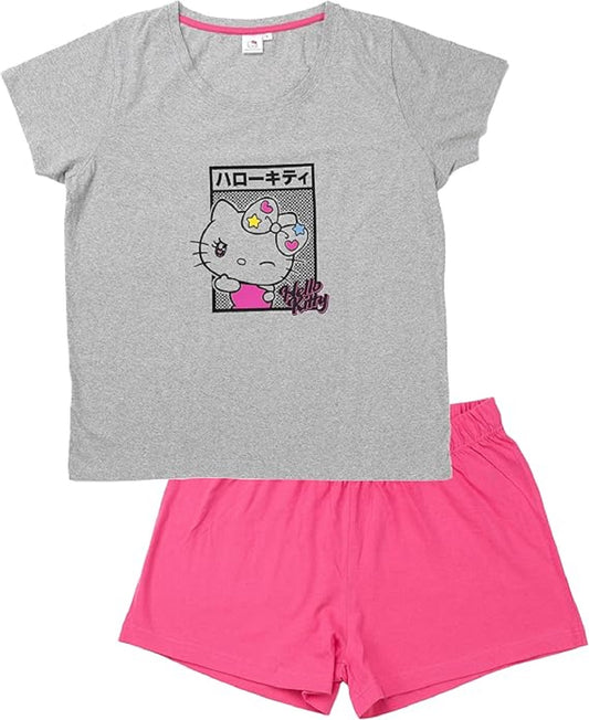 Hello Kitty Damen Nachtwäsche Set aus Baumwolle – Pyjama mit Kurzarm Shirt & Shorts