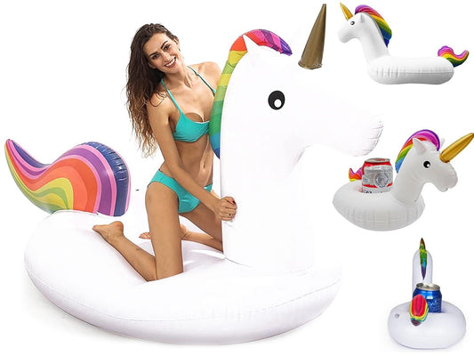 Aufblasbares XXL Einhorn Pool Unicorn Schwimmringset + Getränkehalter, Schwimmbad Spielzeug, Sommer Pool Luftmatratze