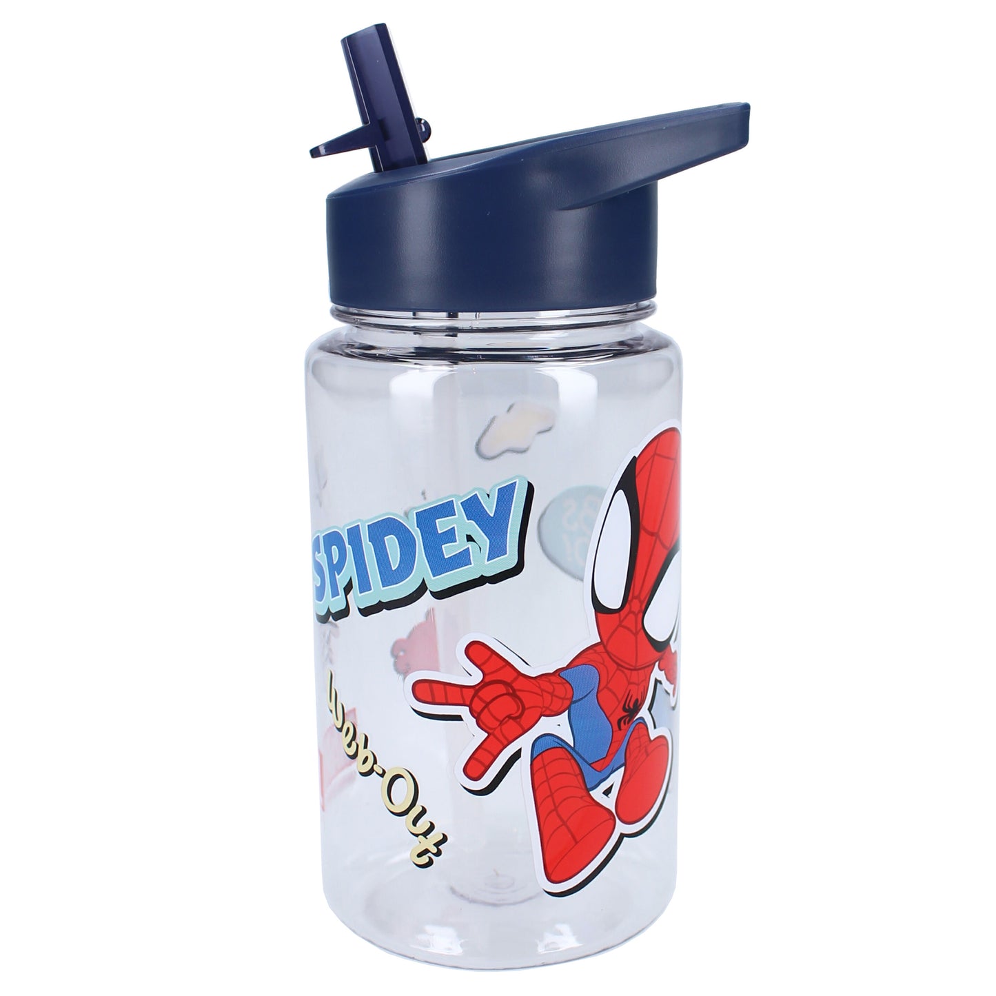 Spiderman Kinder Trinkflasche mit Strohhalm transparent 450 ml und praktischem Tragegriff