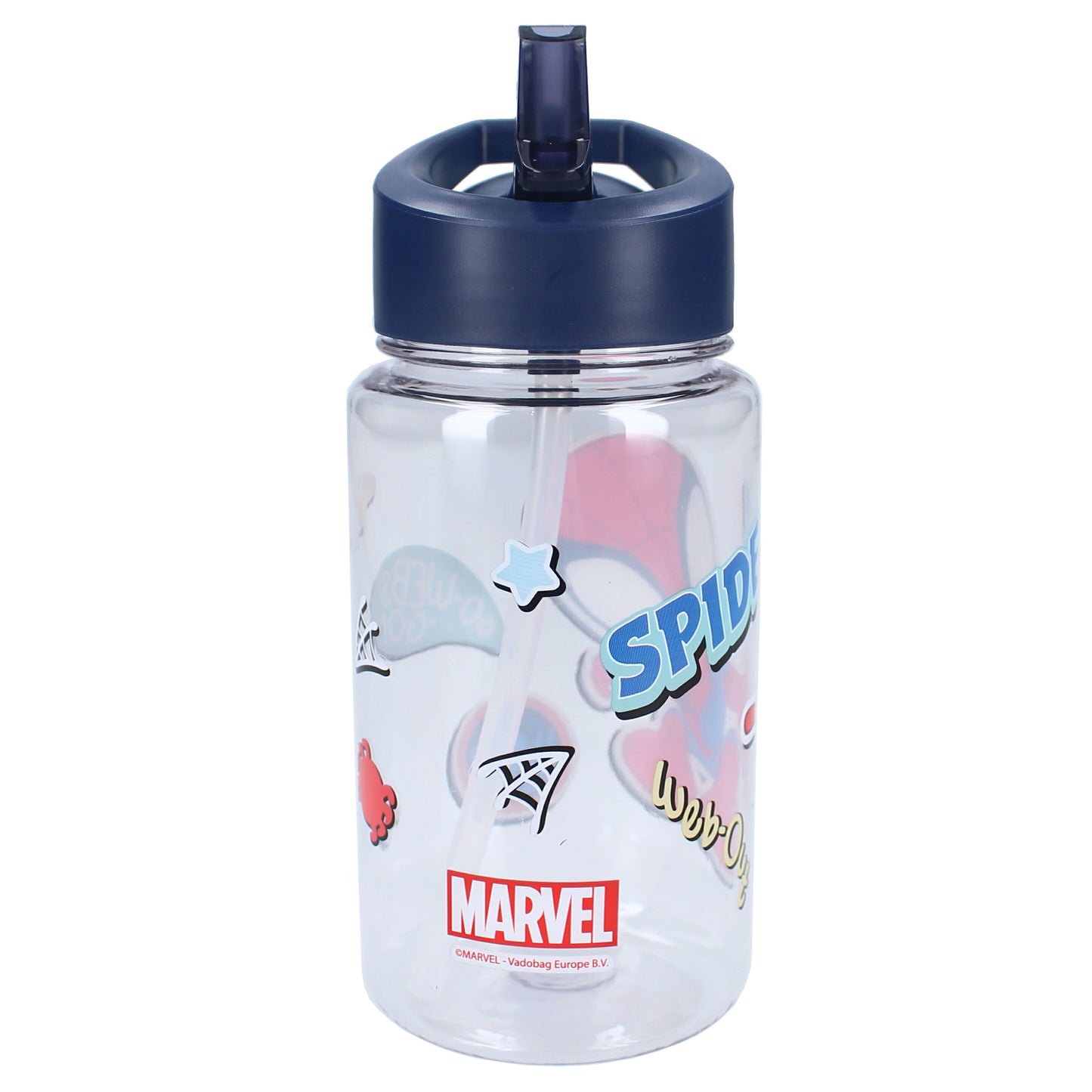 Spiderman Kinder Trinkflasche mit Strohhalm transparent 450 ml und praktischem Tragegriff