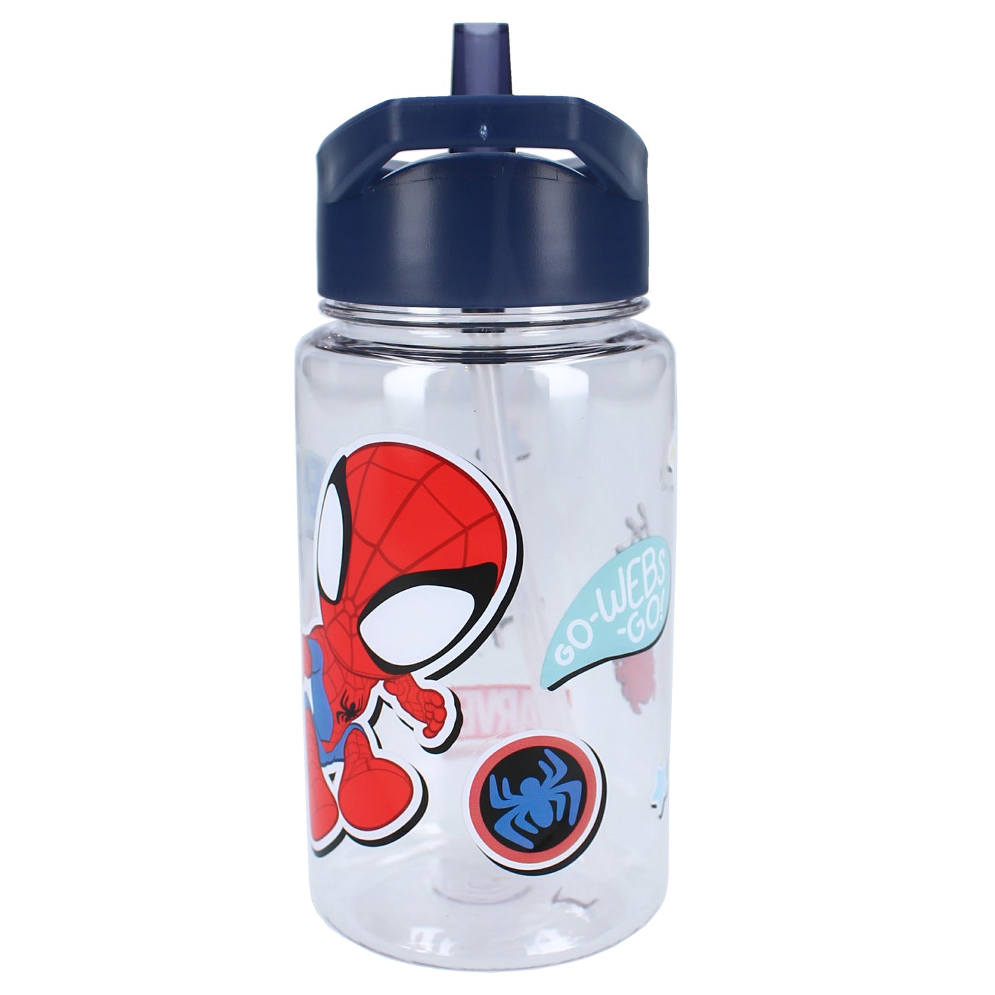 Spiderman Kinder Trinkflasche mit Strohhalm transparent 450 ml und praktischem Tragegriff