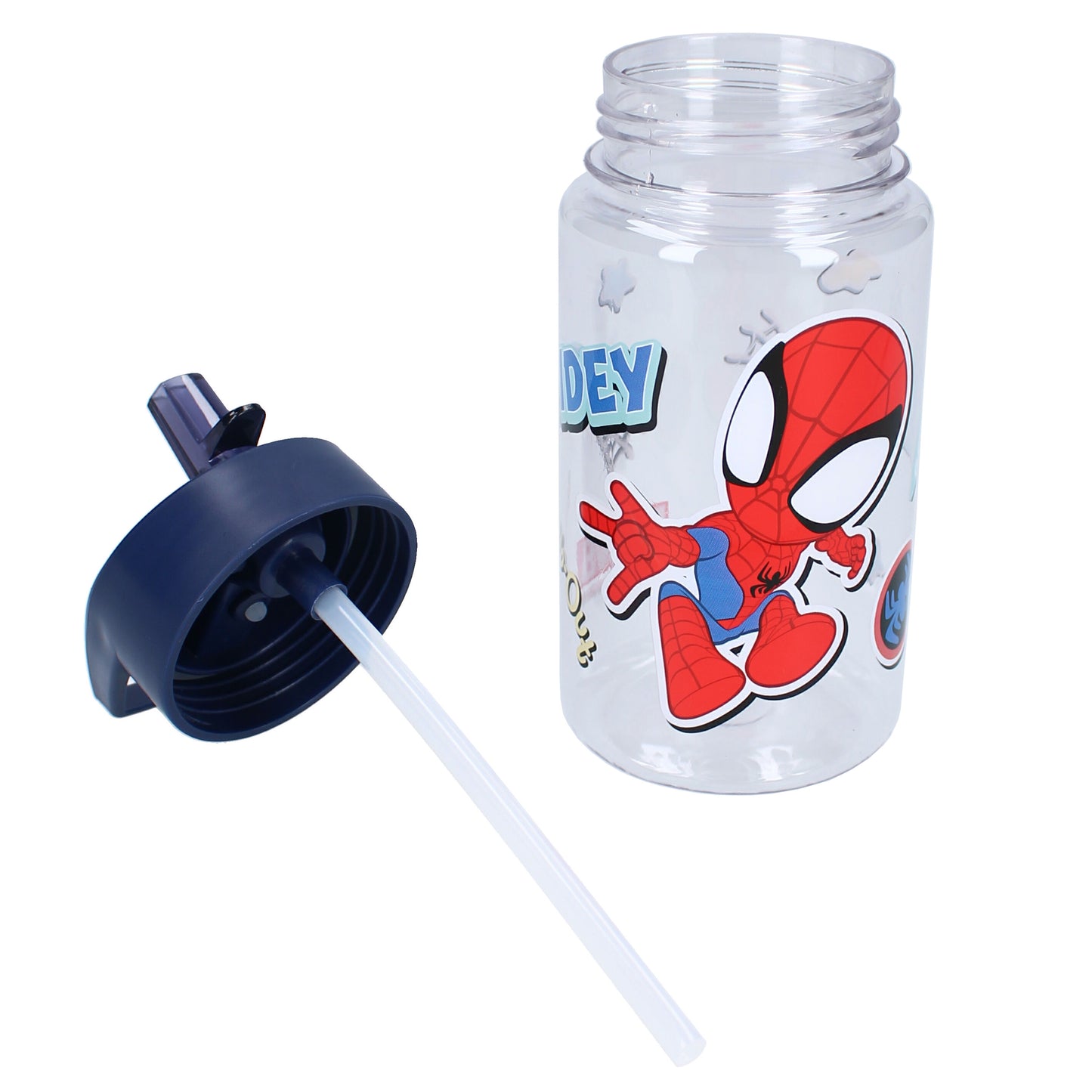 Spiderman Kinder Trinkflasche mit Strohhalm transparent 450 ml und praktischem Tragegriff