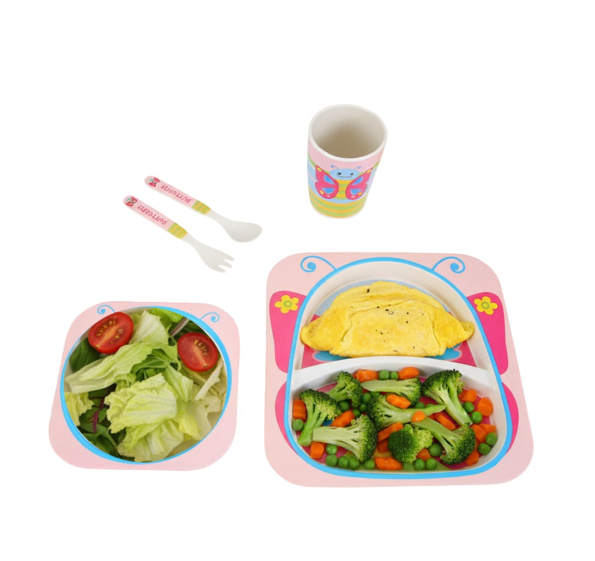 Kindergeschirrset 5-tlg. aus Bambus in Schmetterlingsdesign - robust & bunt
