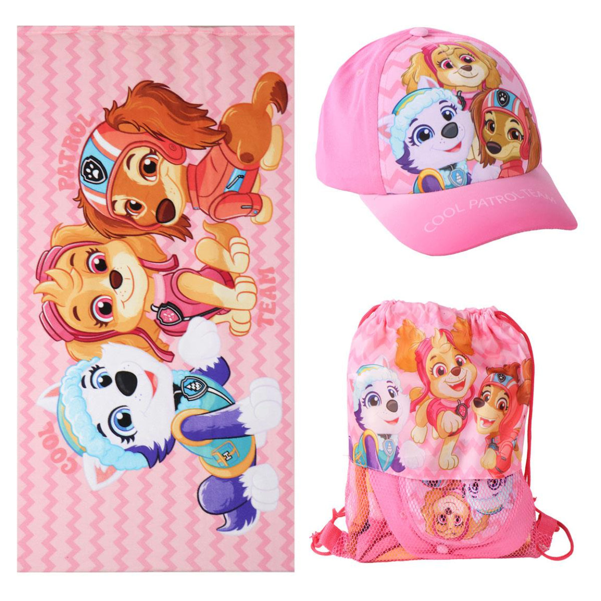 Paw Patrol Kinder Set mit Strandtuch 70 × 140 cm Turnbeutel und Baseballkappe