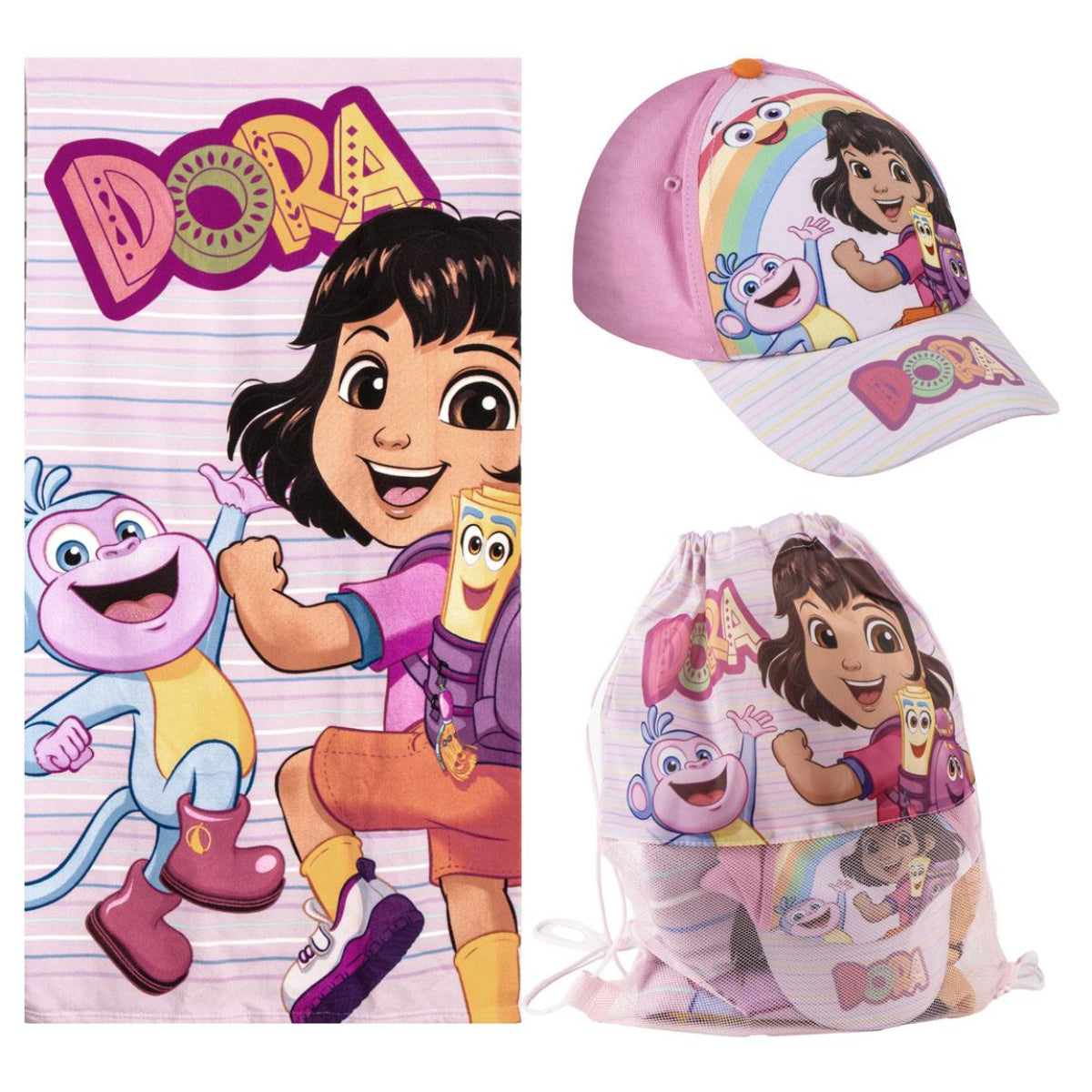 Dora La Explora Set Strandtuch 70 × 140 cm Baseballkappe und Turnbeutel für Kinder