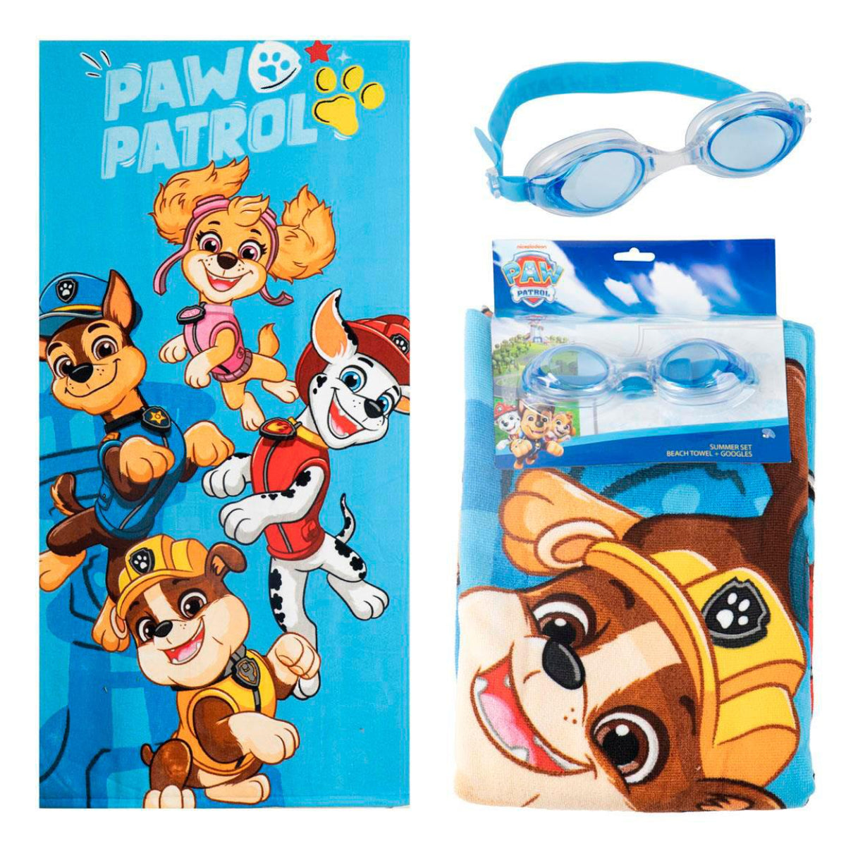Paw Patrol Kinder Set mit Strandtuch und Schwimmbrille für Schwimmbad und Urlaub