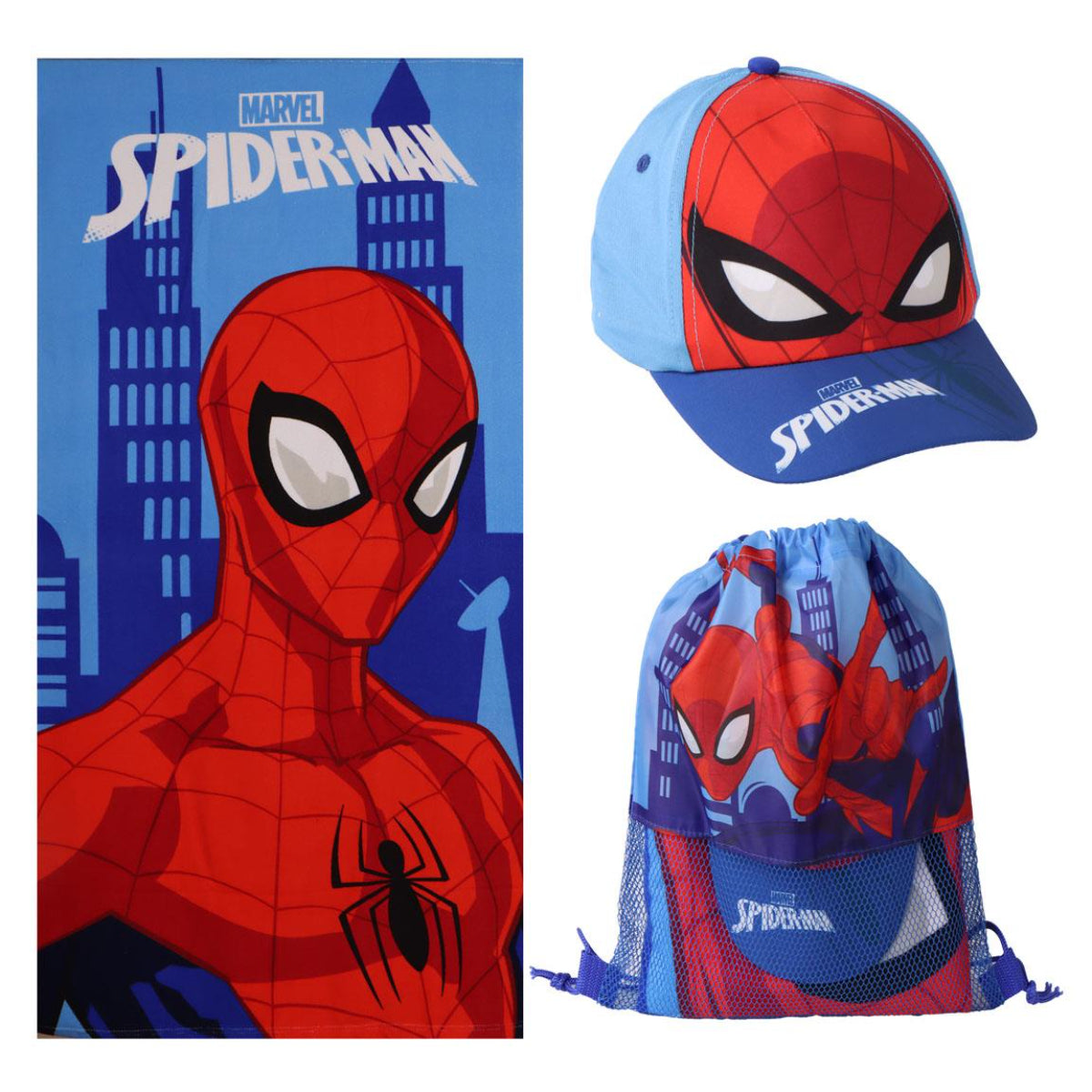 Marvel Spider Man Set Strandtuch 70 × 140 cm Baseballkappe und Turnbeutel