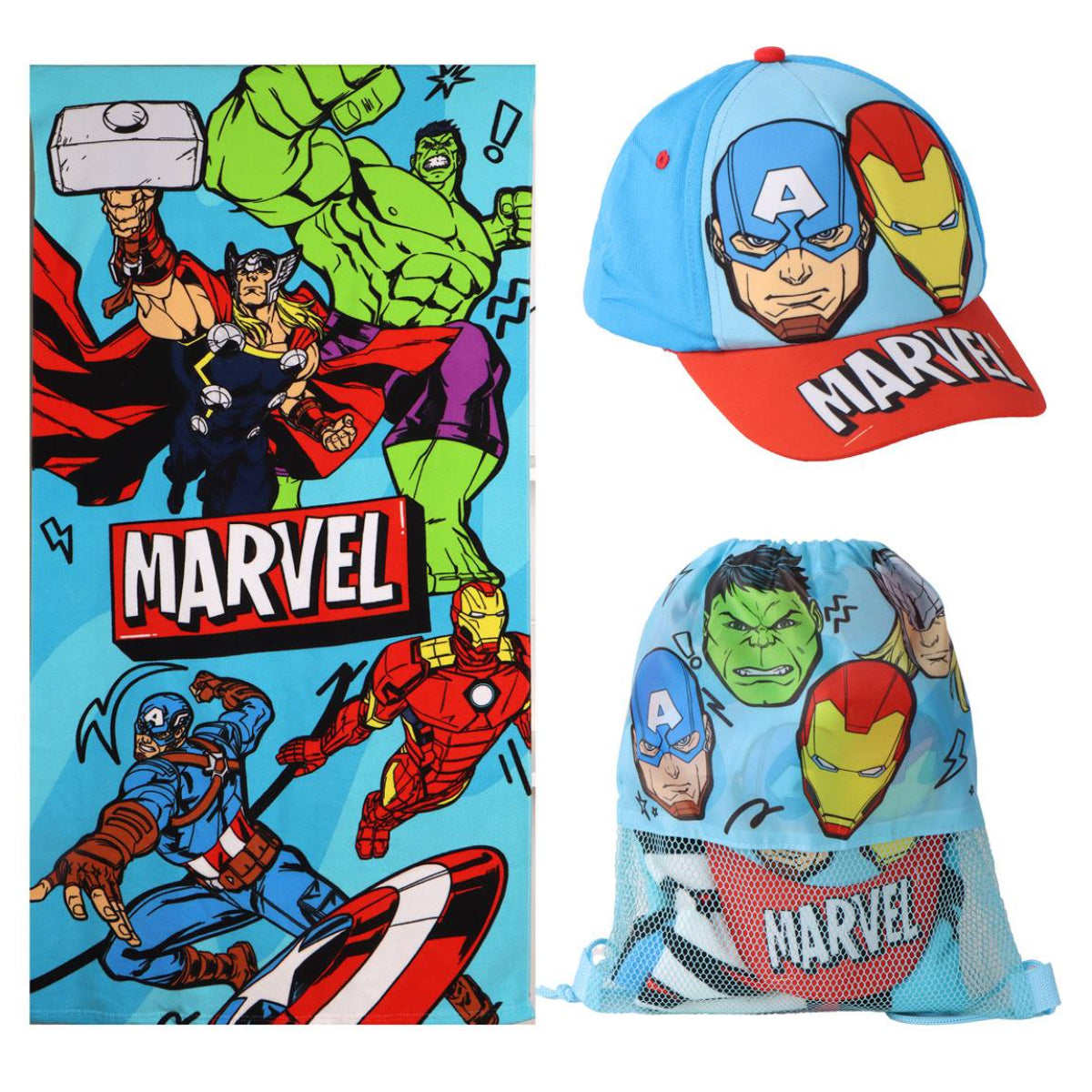 Marvel Avengers Set Strandtuch 70 × 140 cm Baseballkappe und Turnbeutel für Kinder