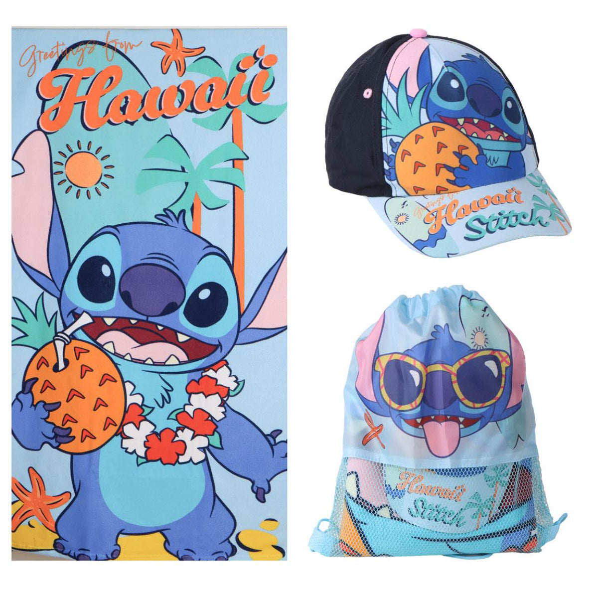 Disney Lilo und Stitch Strandtuch Set für Kinder 70 × 140 cm mit Cap und Turnbeutel