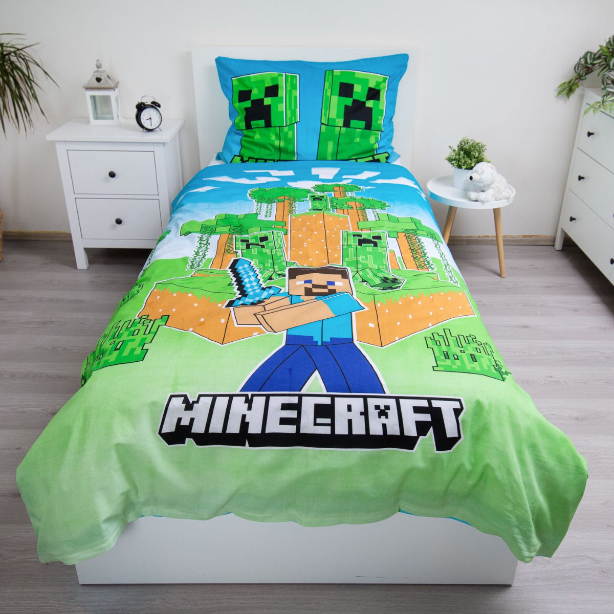 Minecraft Baumwoll Bettwäsche Set 140x200 cm mit Leuchteffekt für Kinder, Reißverschluss