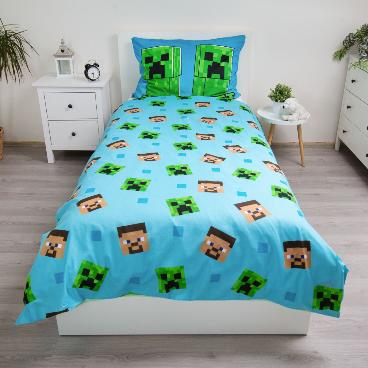 Minecraft Baumwoll Bettwäsche Set 140x200 cm mit Leuchteffekt für Kinder, Reißverschluss