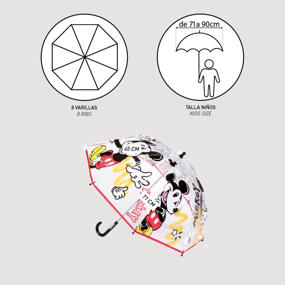 Disney Mickey Mouse Regenschirm ⌀ 71 cm Leichter Kuppel-Schirm für Regenwetter