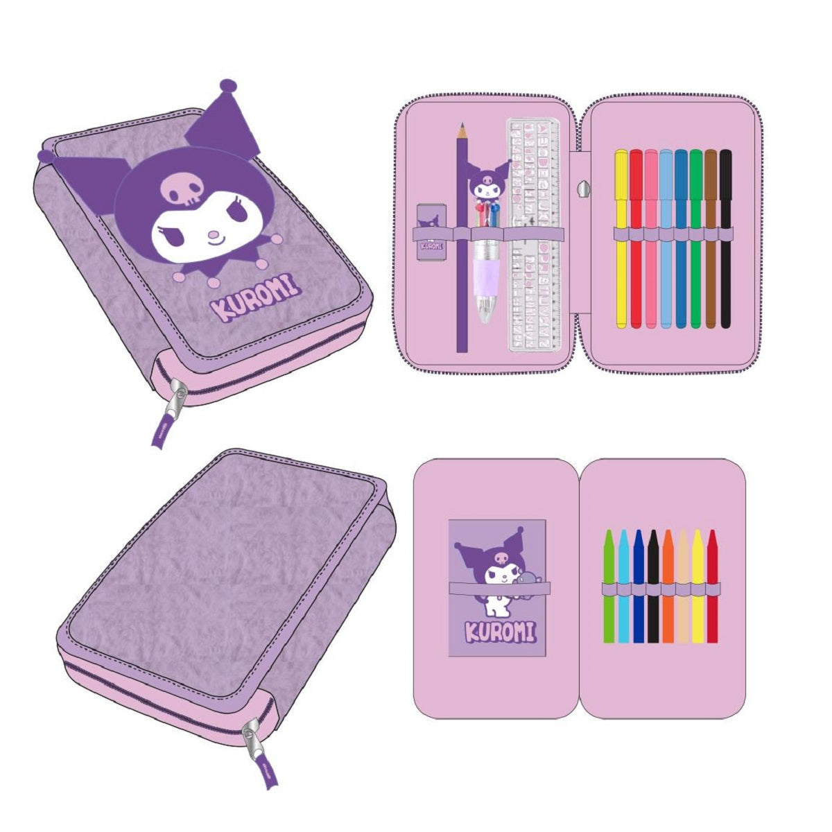Hello Kitty Kuromi Federmäppchen Kinder Schüleretui mit Zubehör 2 Fächer