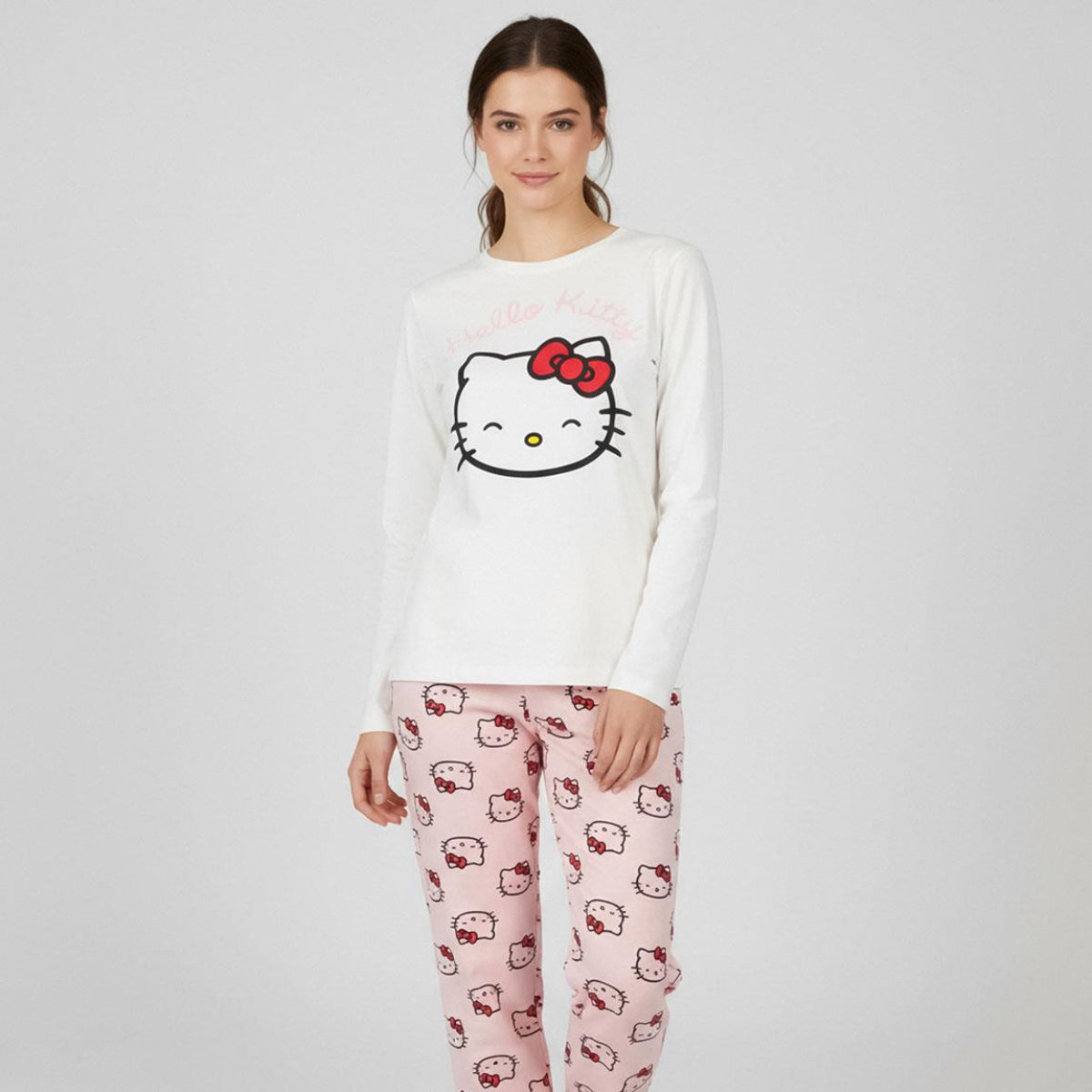 Hello Kitty Damen Pyjama lang Zweiteiler Baumwollmix Single Jersey Schlafanzug