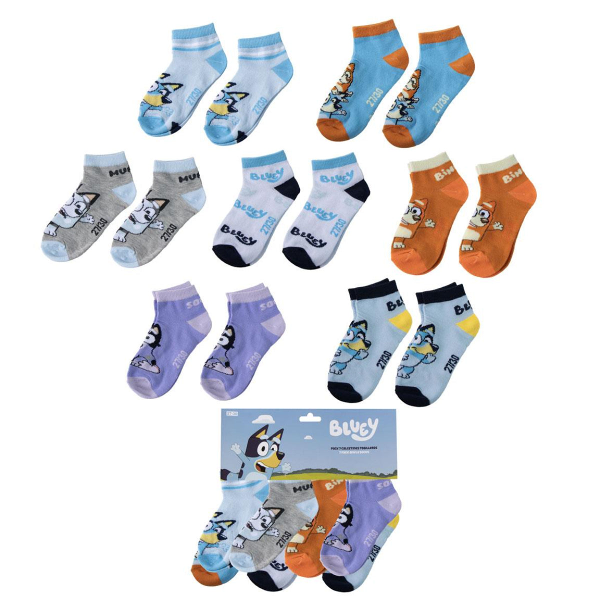Bluey 7 Paar Kinder Kurzsocken Set für Schule und Freizeit