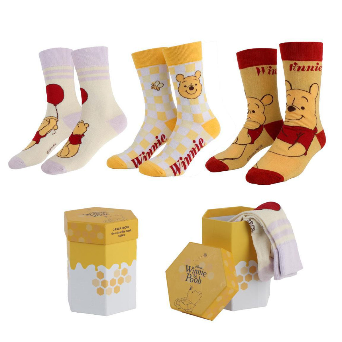 Disney Winnie the Pooh Socken 3er Pack für Erwachsene Größe 36–43 für Alltag und Freizeit
