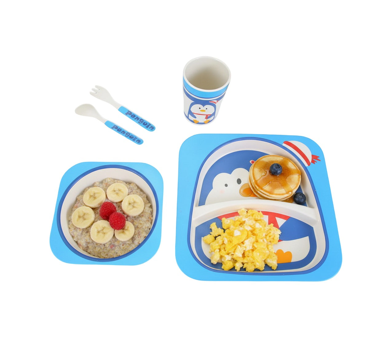 Kindergeschirrset 5-tlg. aus Bambus in Pinguinmotiv - robust & bunt