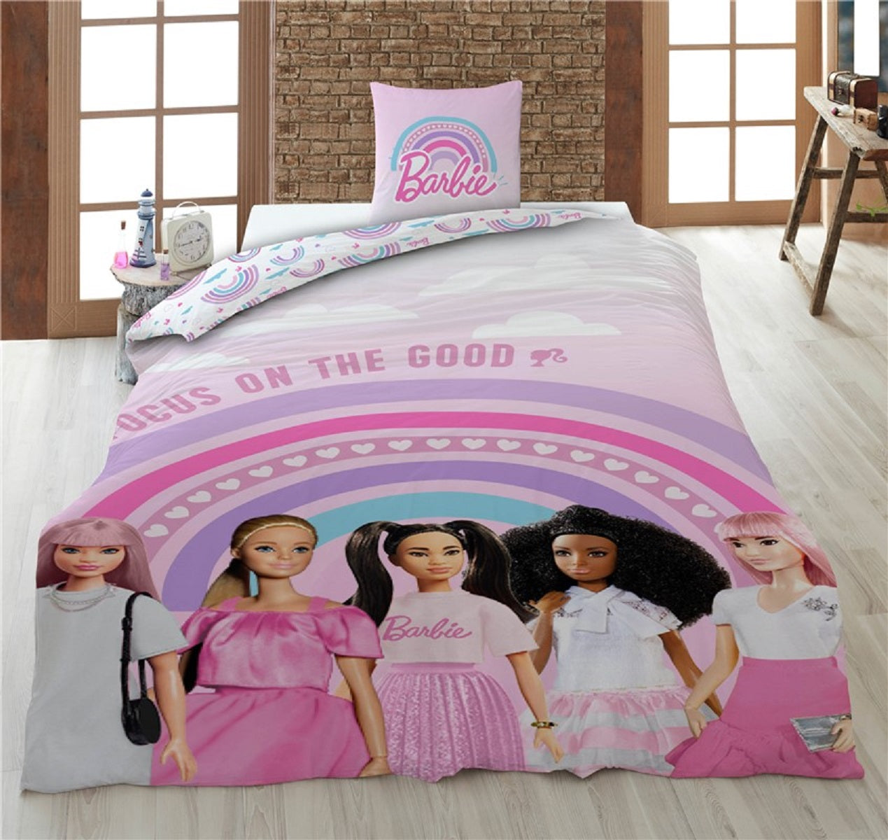 Barbie Bettwäsche-Set – 1x Deckenbezug 140x200 & 1x Kissenbezug 65x65 cm für Kinder