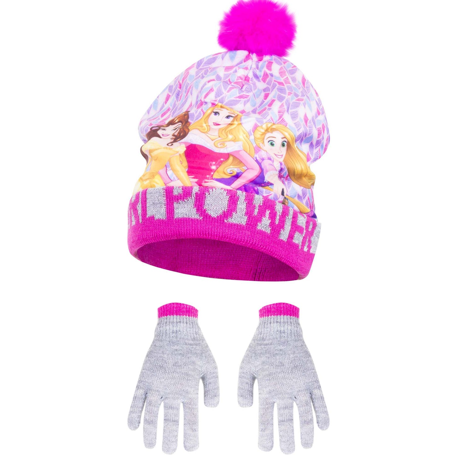 Disney Prinzessin Mütze mit Pompon und passenden Handschuhen für Kinder