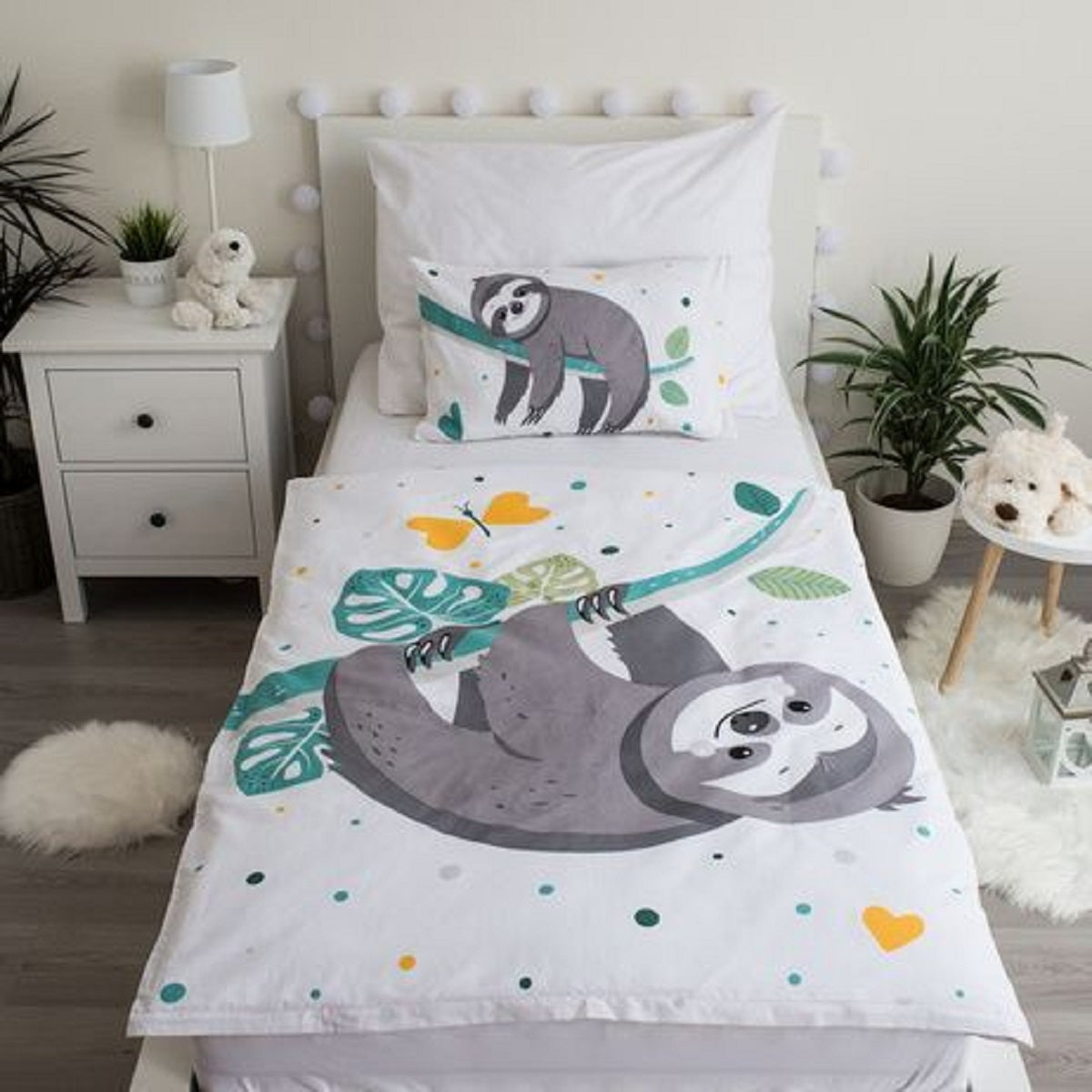 Kinderbettwäsche mit Faultier Motiv – 100x135 cm Bettbezug & 40x60 cm Kissenbezug