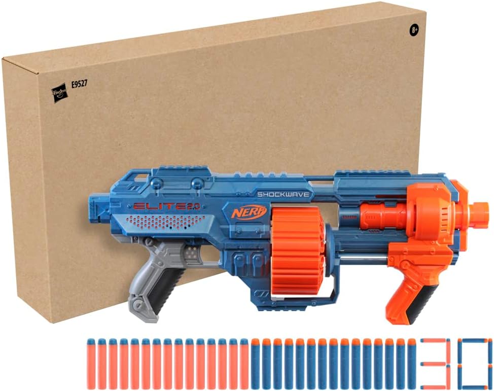 Nerf Elite 2.0 Shockwave RD-15 Blaster, 30 Nerf Darts, 15-Dart Rotationstrommel, Schnellfeuer mit Pump-Action, mit Erweiterungsoptionen