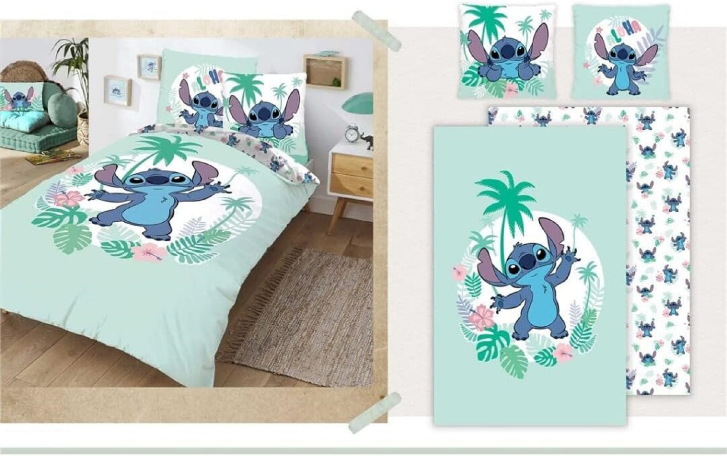 Lilo & Stitch 2-teiliges Set Bettwäsche-Set aus Baumwolle – 140x200 cm Bettbezug & 65x65 cm Kissenbezug