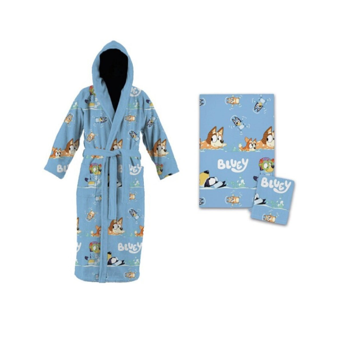 Bluey Kinder Badeset 3 teilig mit Bademantel Waschhandschuh und Handtuch 50 x 100 cm