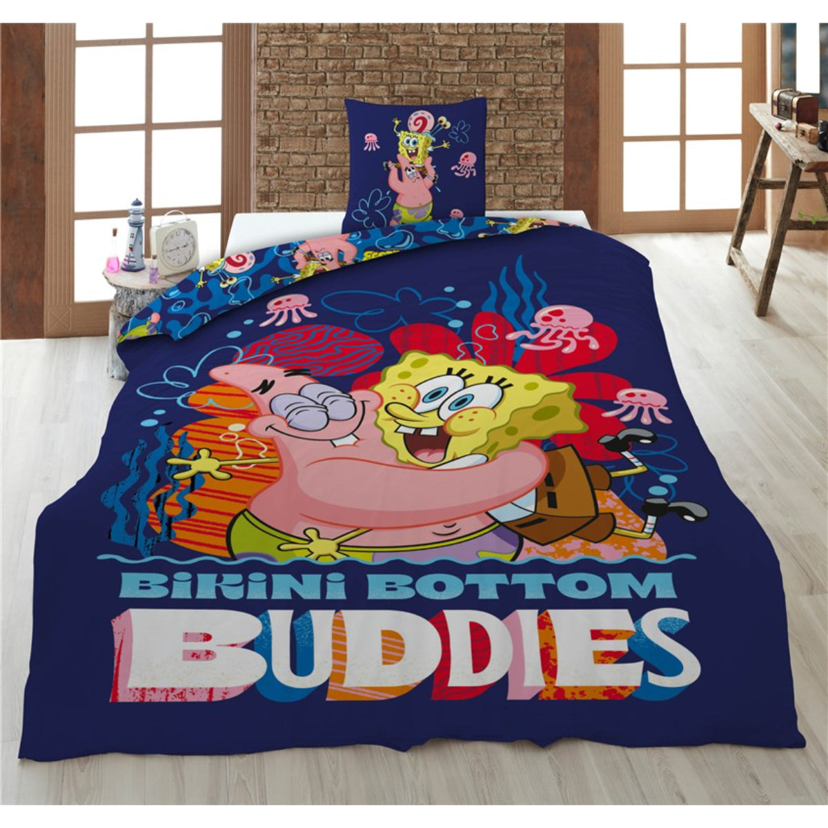 SpongeBob Bettwäsche Set 140 × 200 cm mit Kissenbezug 65 × 65 cm für Kinderzimmer