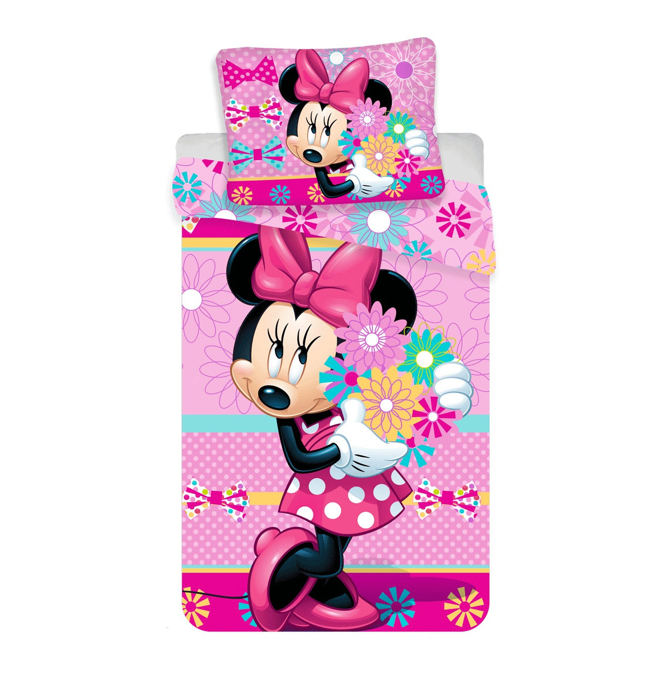 Disney Minnie Mouse Baumwoll-Bettwäsche 140x200 cm Deckenbezug + 50x70 cm Kissenbezug mit Reißverschluss