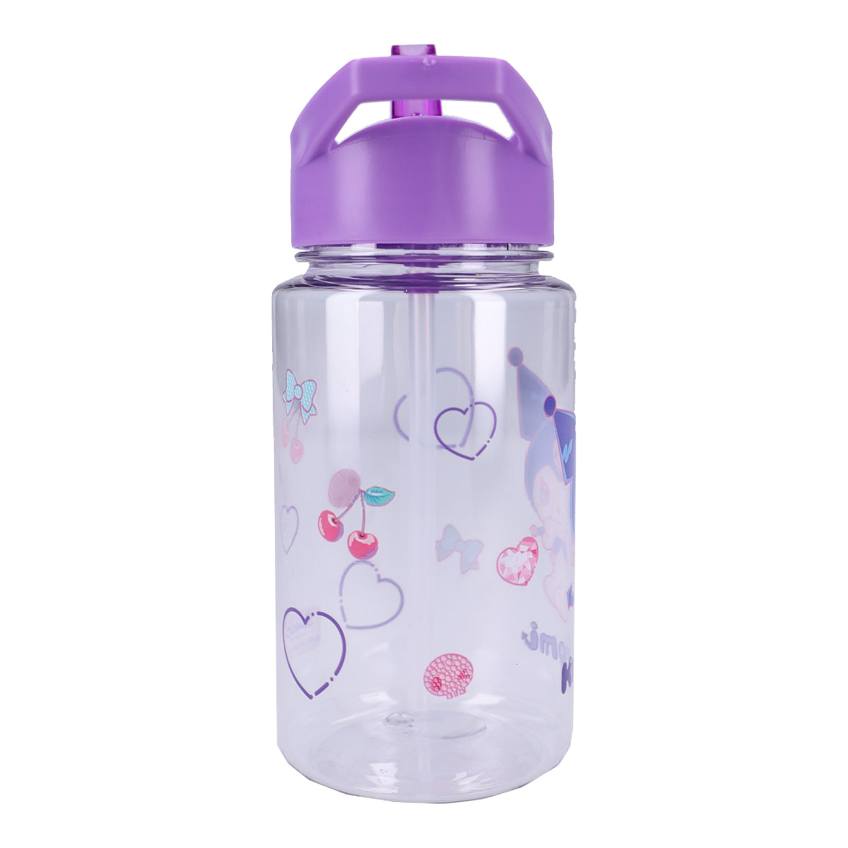 Hello Kitty Kuromi Trinkflasche 450 ml transparent mit Klappdeckel und Strohhalm